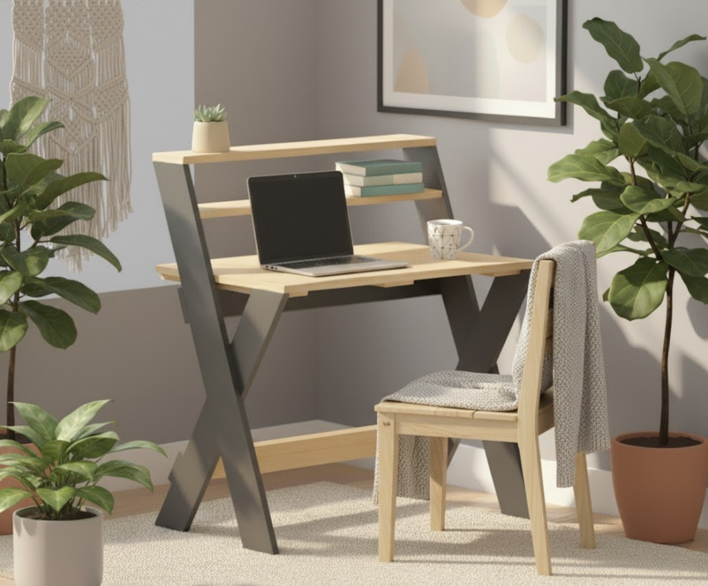 Modern X-Frame Desk Blueprint – Structural Home Office Plan with Shelves | Advanced Digital Download