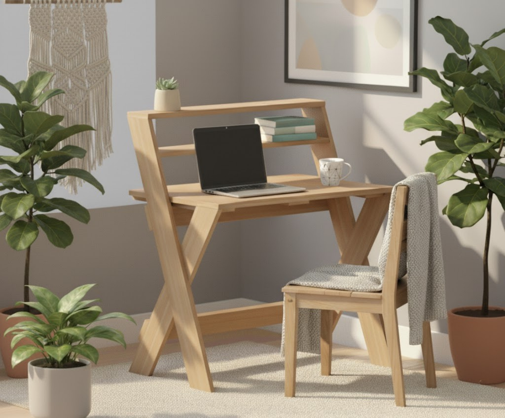 Modern X-Frame Desk Blueprint – Structural Home Office Plan with Shelves | Advanced Digital Download