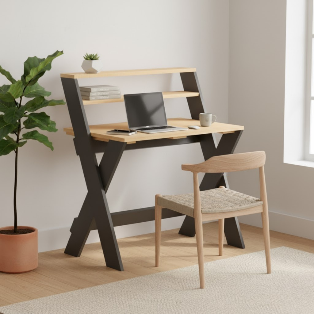 Modern X-Frame Desk Blueprint – Structural Home Office Plan with Shelves | Advanced Digital Download