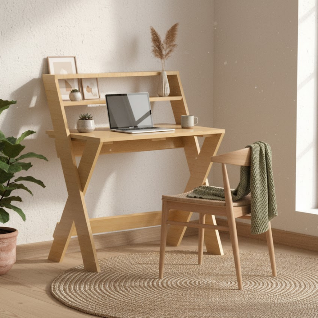 Modern X-Frame Desk Blueprint – Structural Home Office Plan with Shelves | Advanced Digital Download