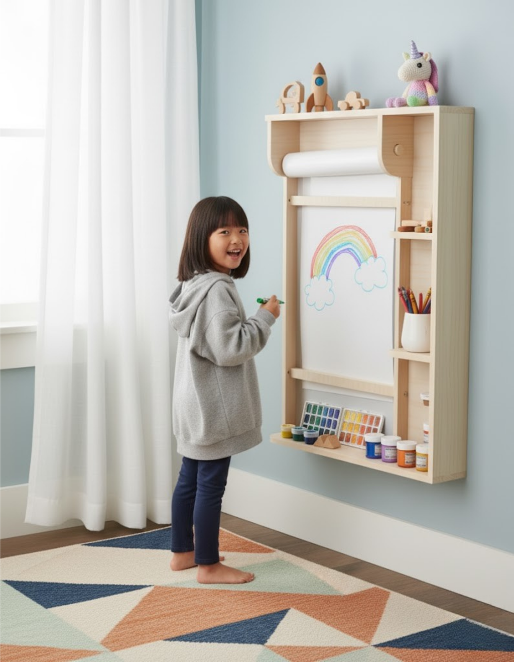 Wall-Mounted Kids Art Station Blueprint – Space-Saving Organizational Plan | Dual Measurements