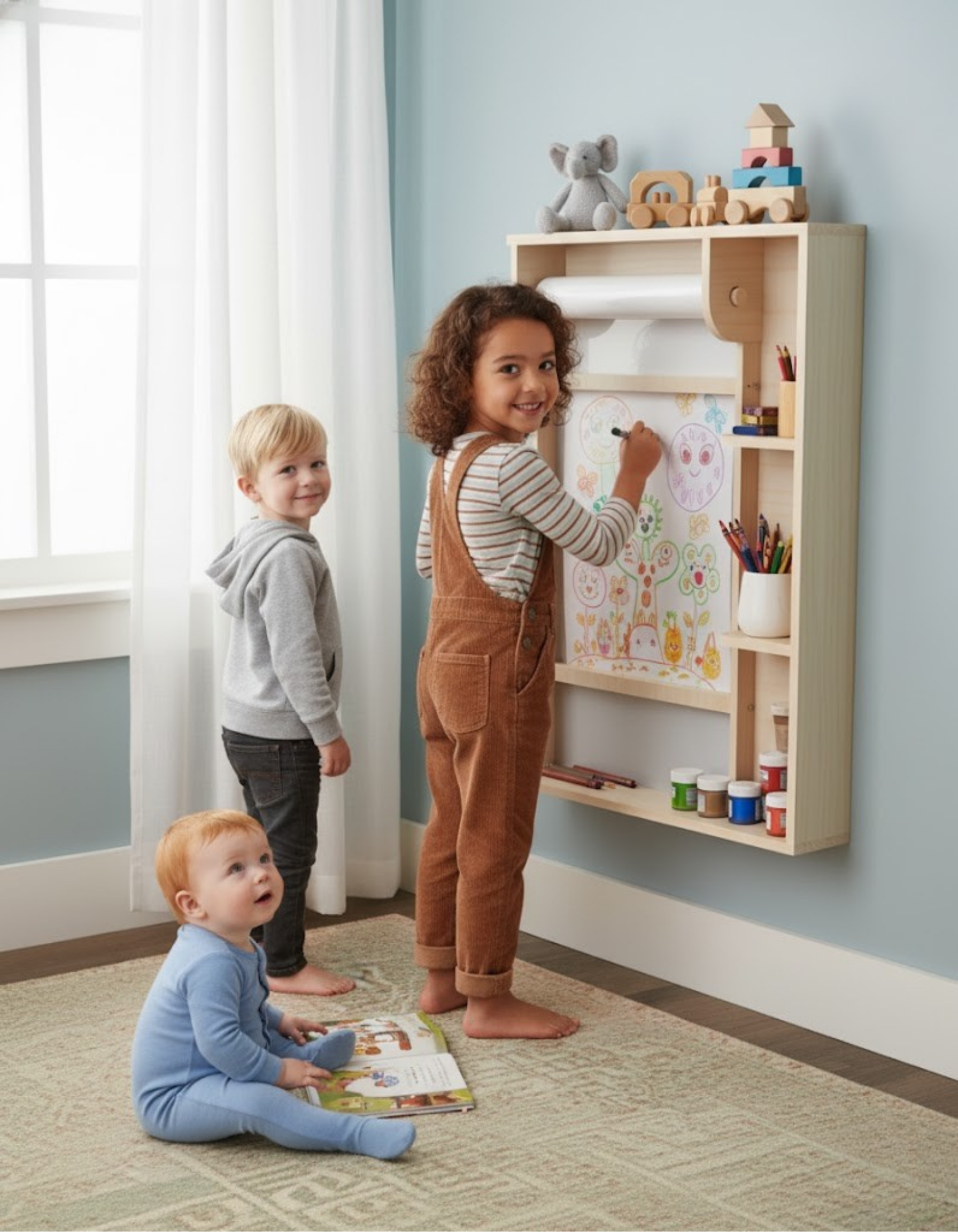 Wall-Mounted Kids Art Station Blueprint – Space-Saving Organizational Plan | Dual Measurements