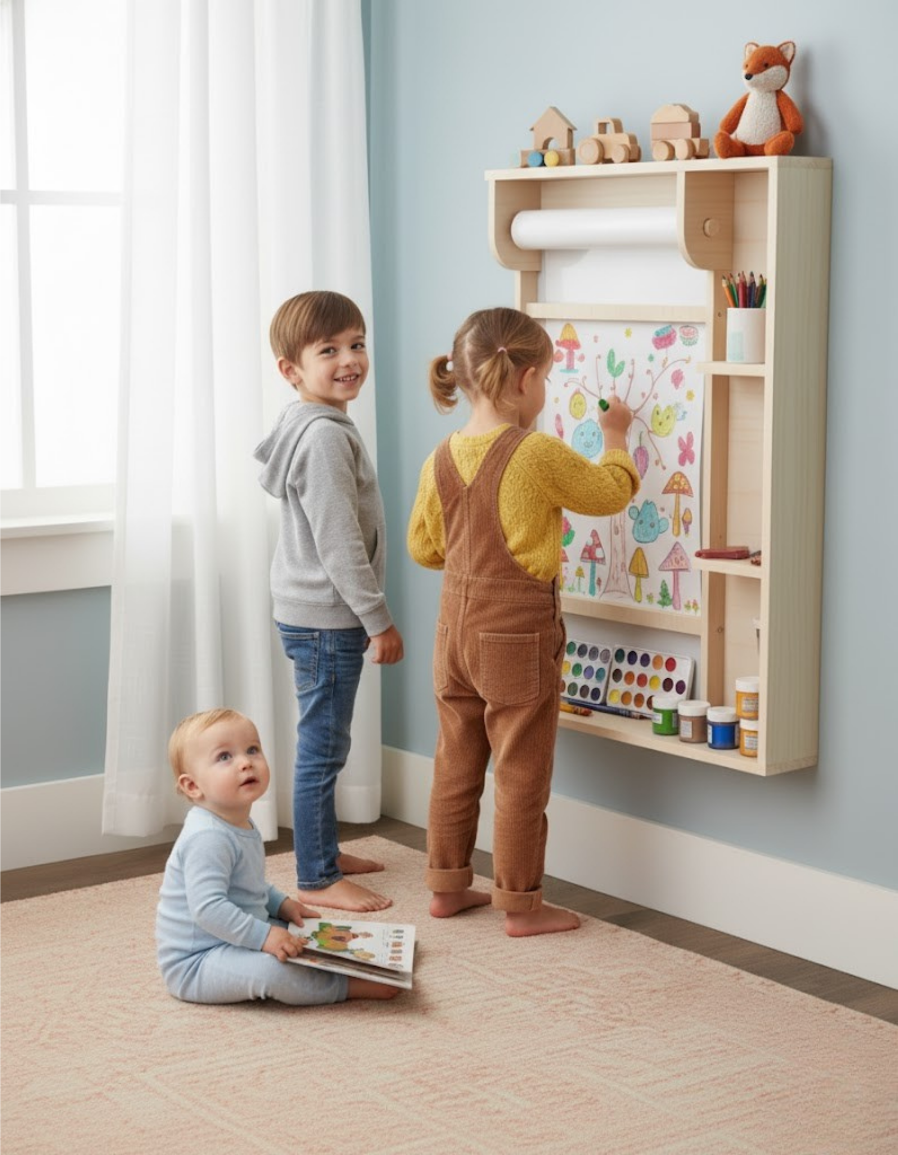 Wall-Mounted Kids Art Station Blueprint – Space-Saving Organizational Plan | Dual Measurements