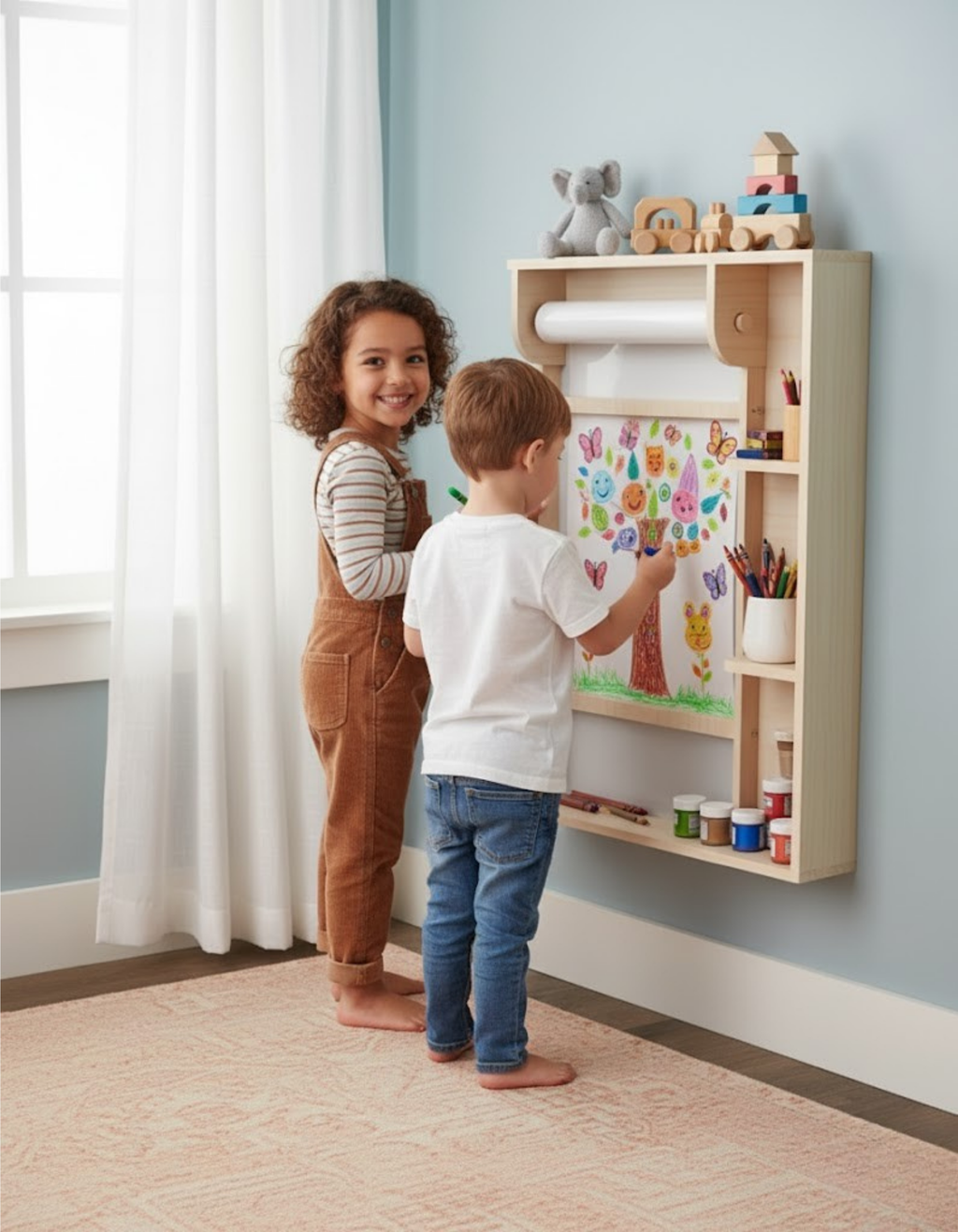 Wall-Mounted Kids Art Station Blueprint – Space-Saving Organizational Plan | Dual Measurements