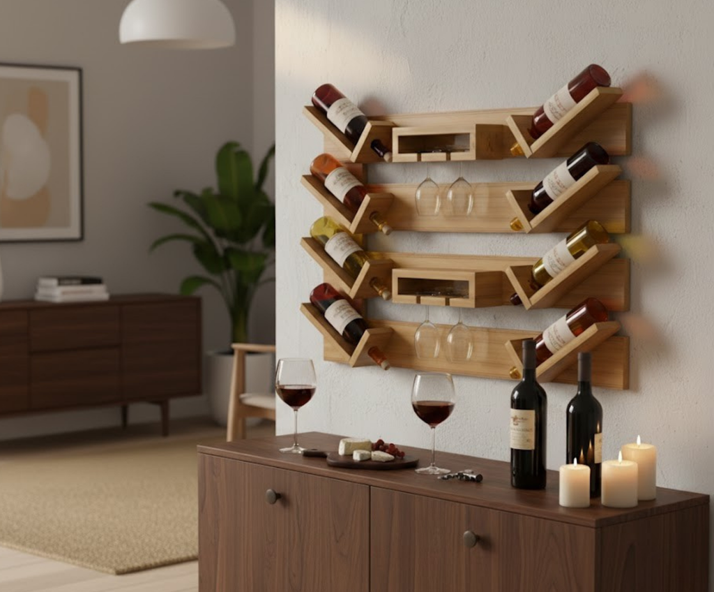 Minimalist Wall-Mounted Wine Rack Plan – Engineered Blueprint for Space Saving | Digital Download (8 Bottle Capacity)
