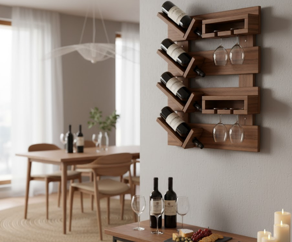 Integrated Wall Wine Rack Plan with Glass Holders – Functional Home Bar Blueprint | Digital Download