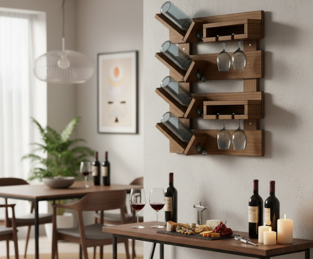 Integrated Wall Wine Rack Plan with Glass Holders – Functional Home Bar Blueprint | Digital Download