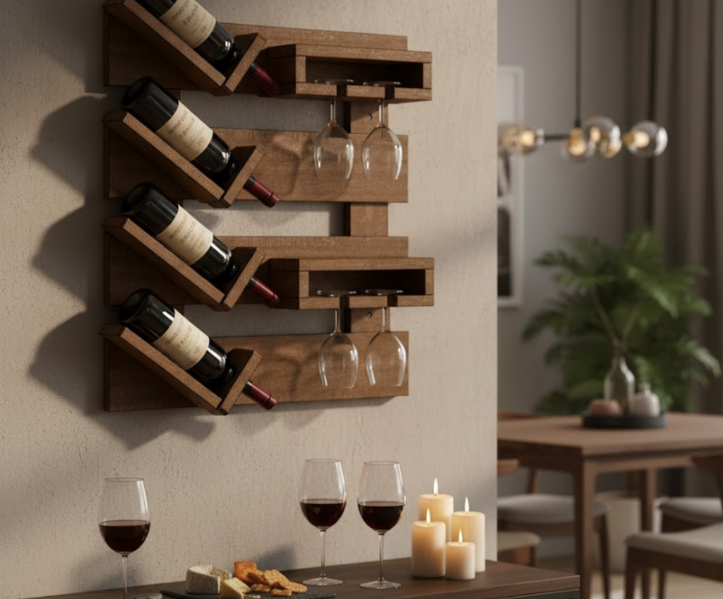 Integrated Wall Wine Rack Plan with Glass Holders – Functional Home Bar Blueprint | Digital Download